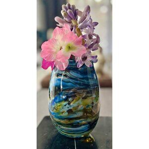 Medium Flattened Vessel in Swirl Blues and Brown Tones- blown glass Vase